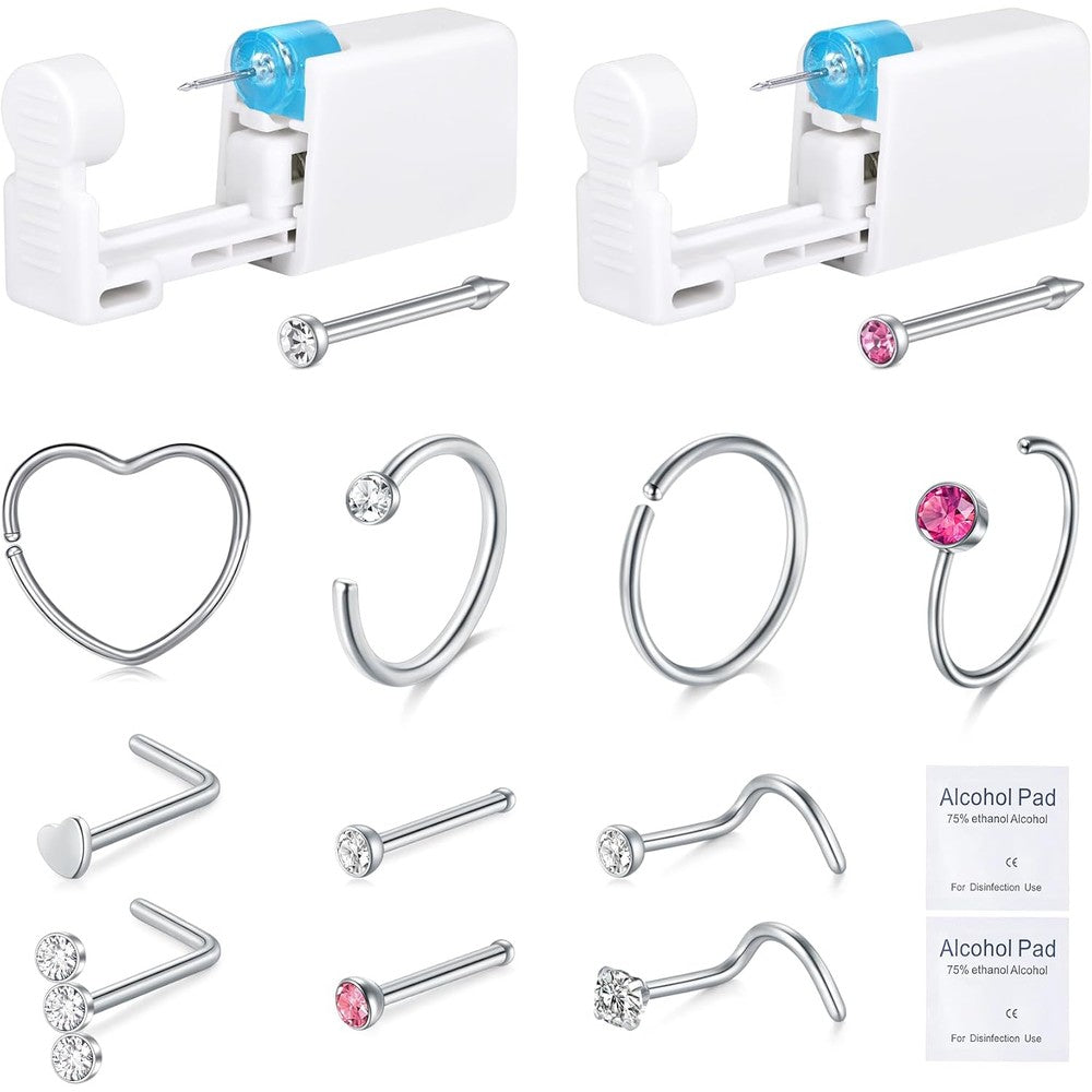DJCIW 14-piece nose piercing kit with disposable gun front view.