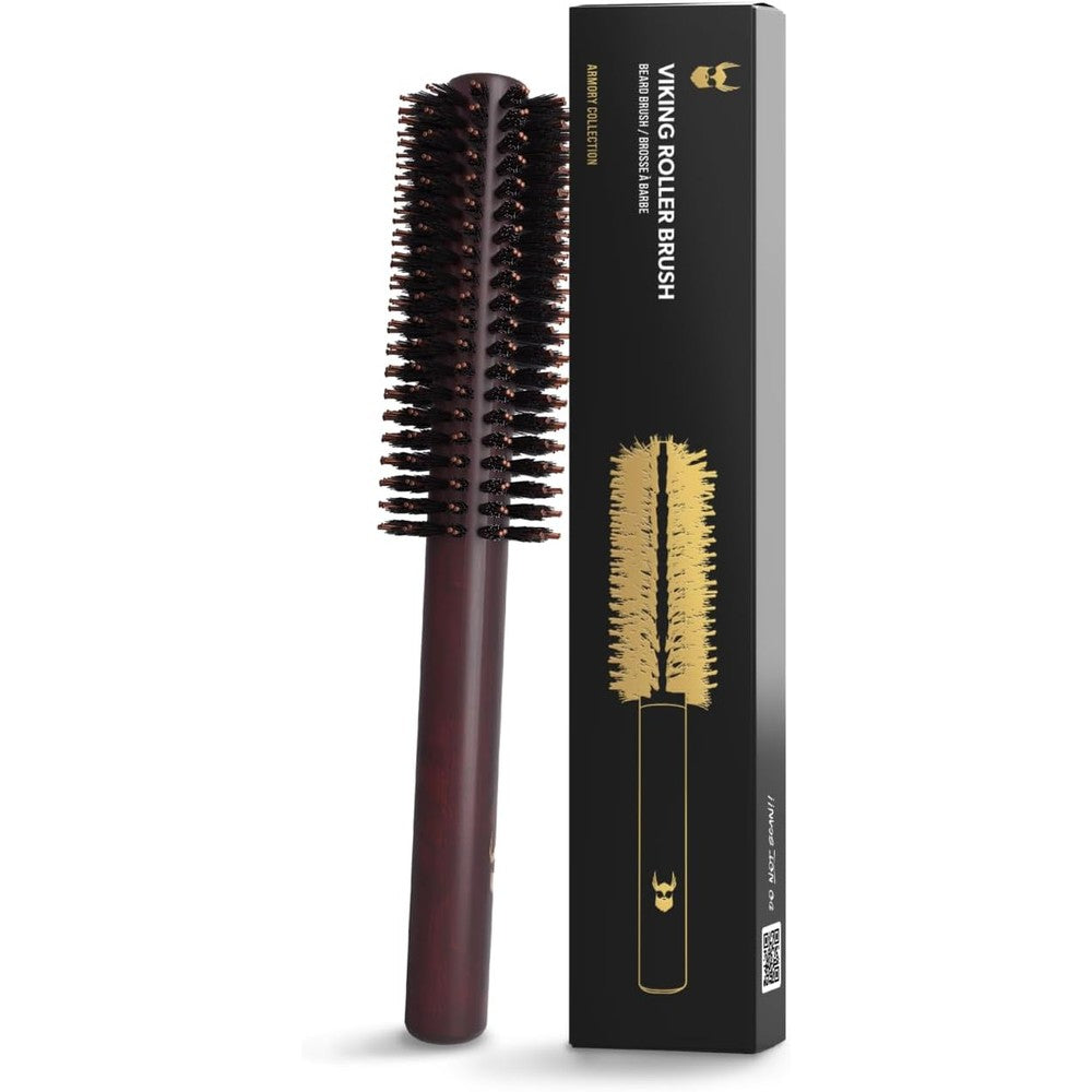 The Beard Struggle Viking Roller Brush front view showing black and gold packaging box