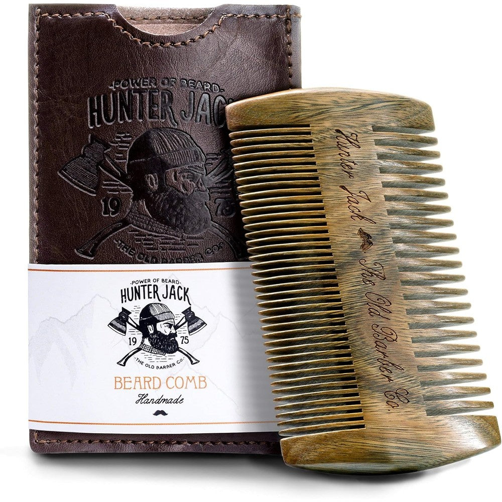 Hunter Jack premium sandalwood beard comb front view showing dual fine and coarse teeth layout