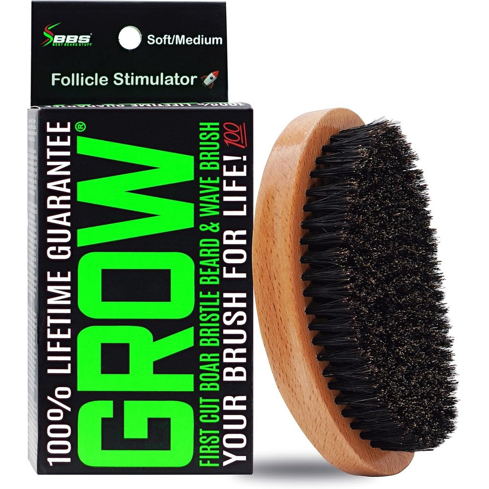 BBS Best Beard Stuff GROW beard brush front view highlighting the premium curved wood handle