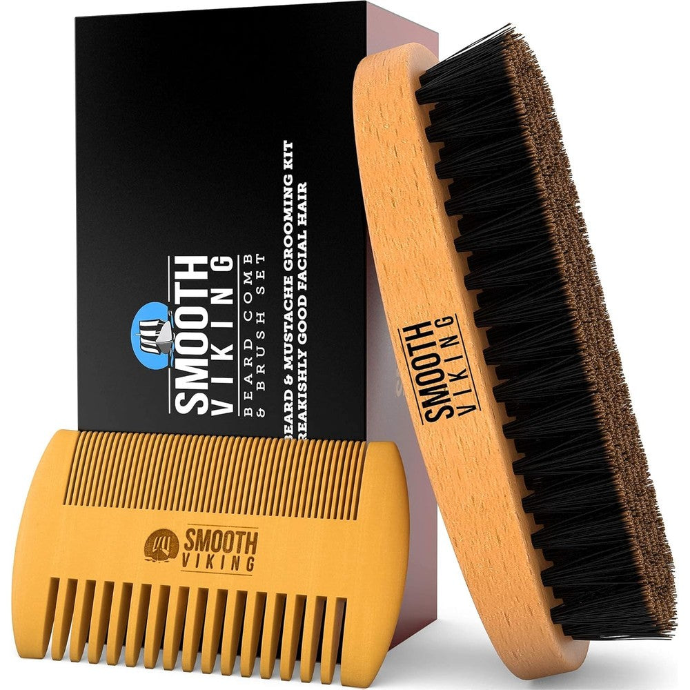 Smooth Viking natural boar bristle beard brush and wooden comb grooming set front view