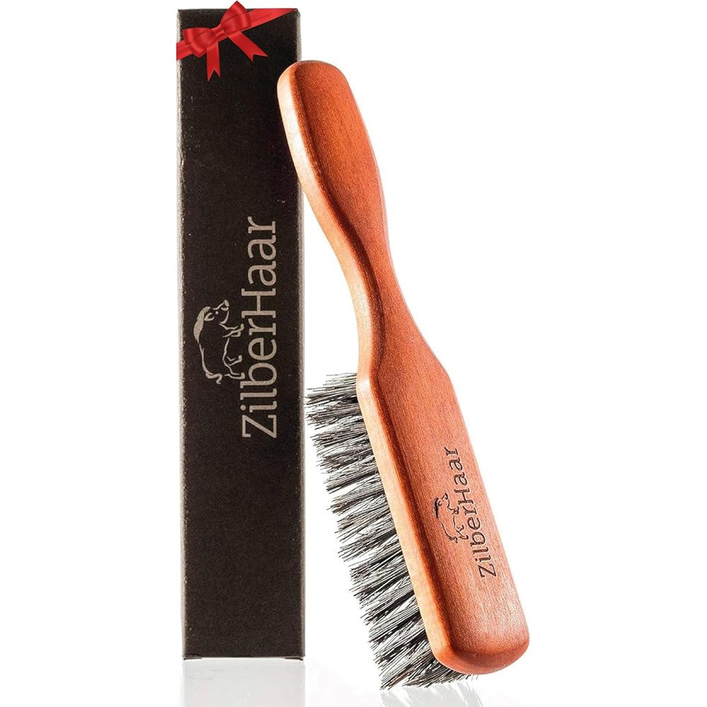 ZilberHaar Regular Beard Brush front view showing soft boar bristles and pearwood handle.