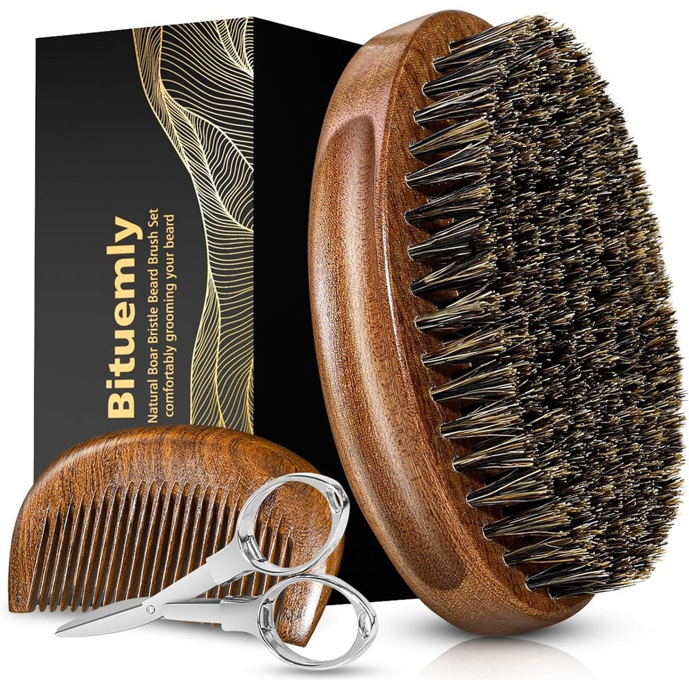 Bituemly beard brush grooming kit front view featuring natural boar bristle brush and wooden comb