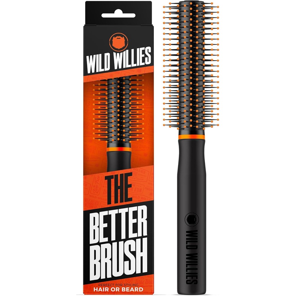 Wild Willies Round Beard Brush front view showing the premium black handle with brand logo and orange-tipped bristles.
