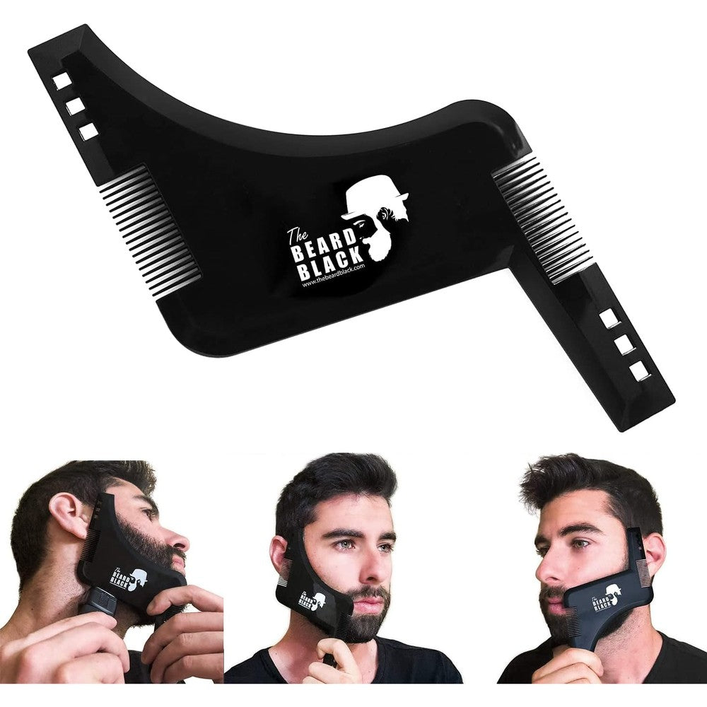 The Beard Black beard shaping tool with inbuilt comb front view for professional line up