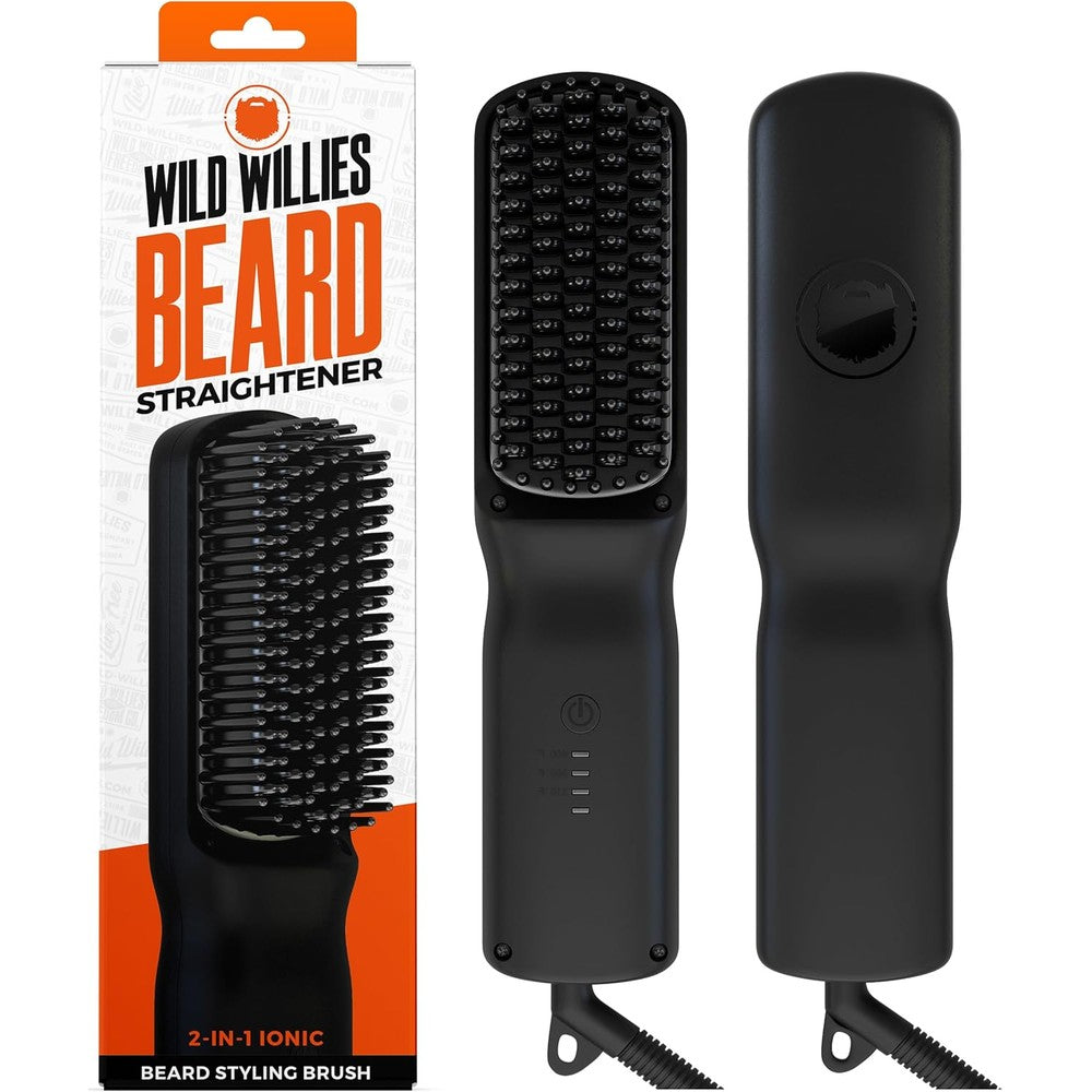 Wild Willies Beard Straightener front view showing ceramic heated bristles.