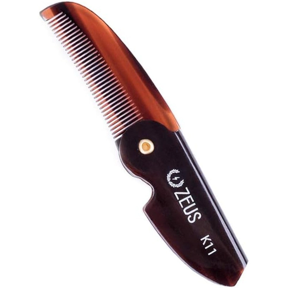ZEUS folding mustache comb traditional K11 variant front view open position showing fine saw-cut teeth.