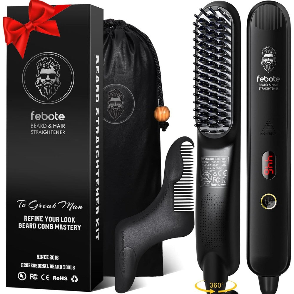 FEBOTE heated ionic hair straightening brush for men front view showing digital LCD screen and anti scald tooth comb