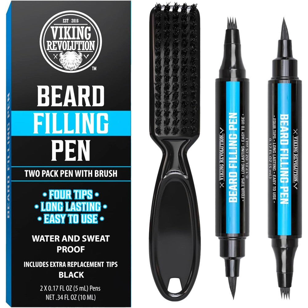 Viking Revolution beard pen kit front view showcasing two black pencil fillers and a blending brush