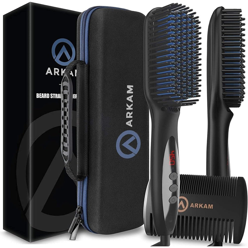 Arkam premium heated beard straightener brush kit front view displaying digital temperature screen