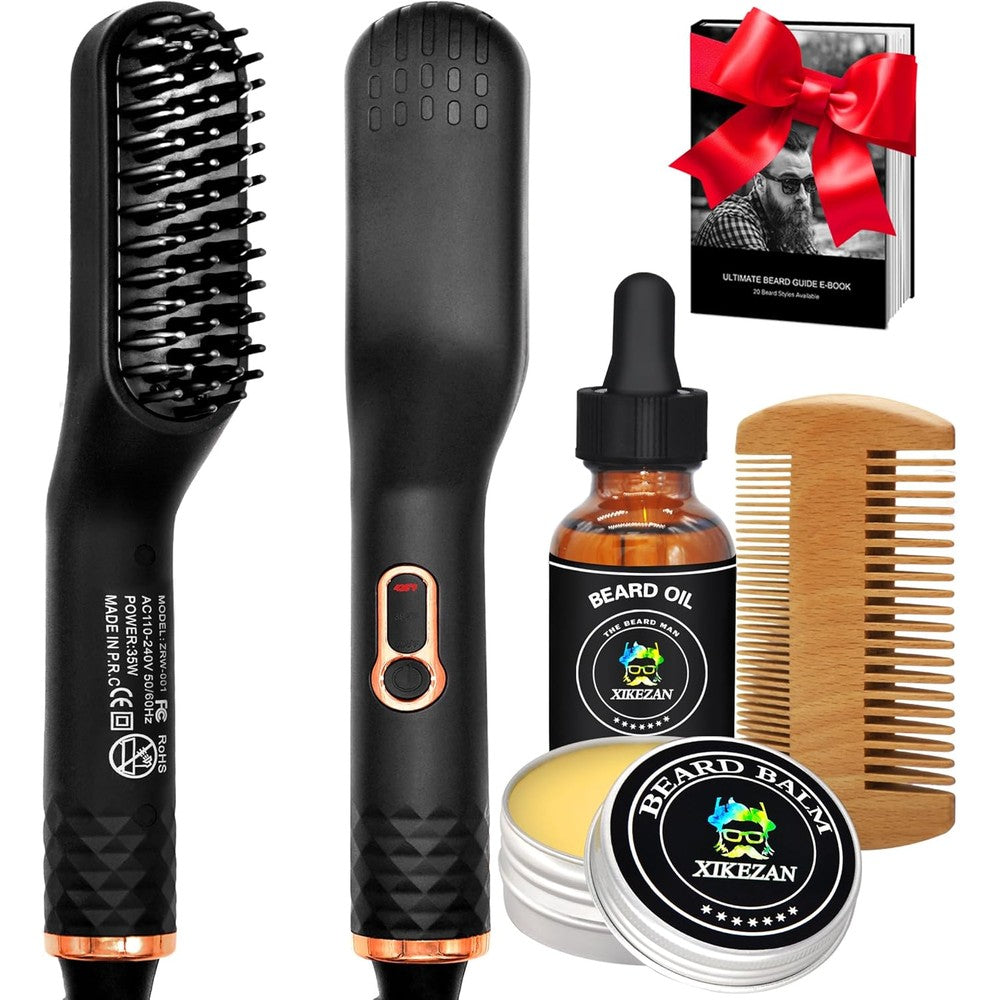 XIKEZAN beard straightener brush front view showing the heated ceramic bristles and handle display
