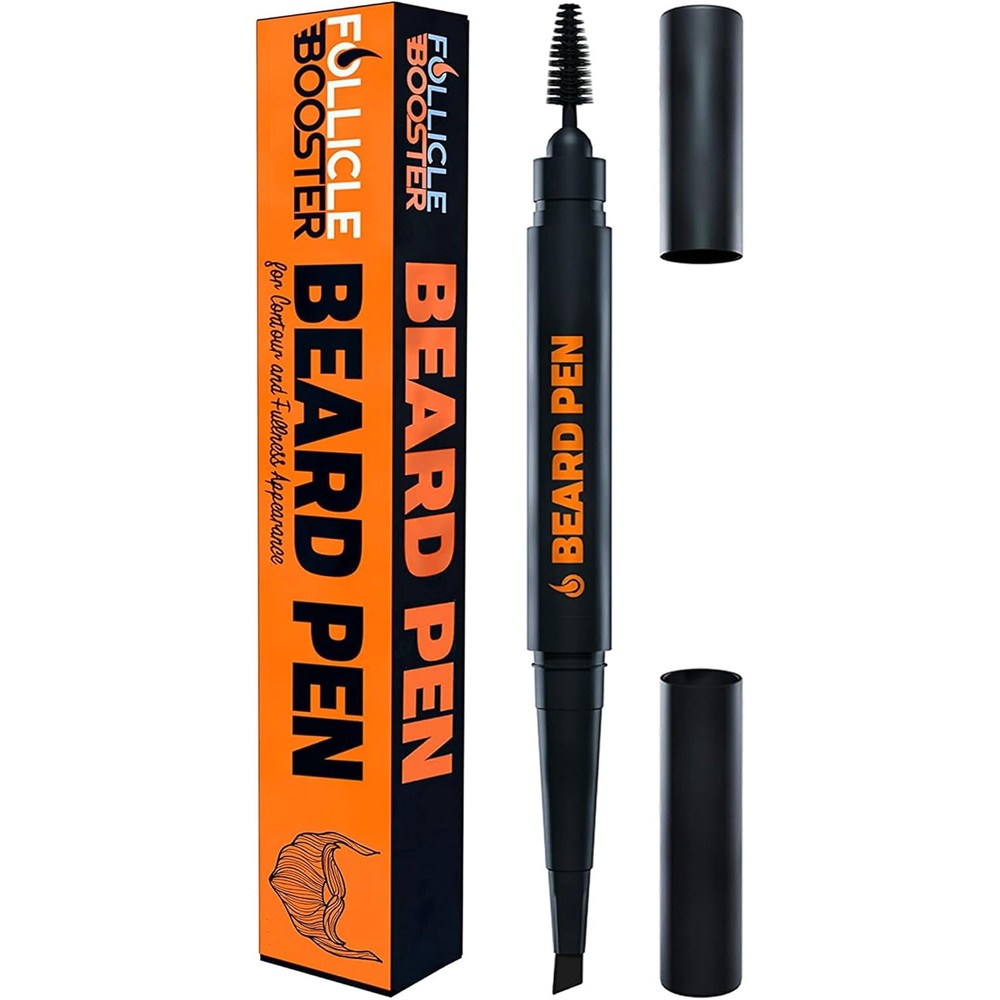 Follicle Booster Beard Pen Filler front view showing the dual-ended jet black grooming pencil.