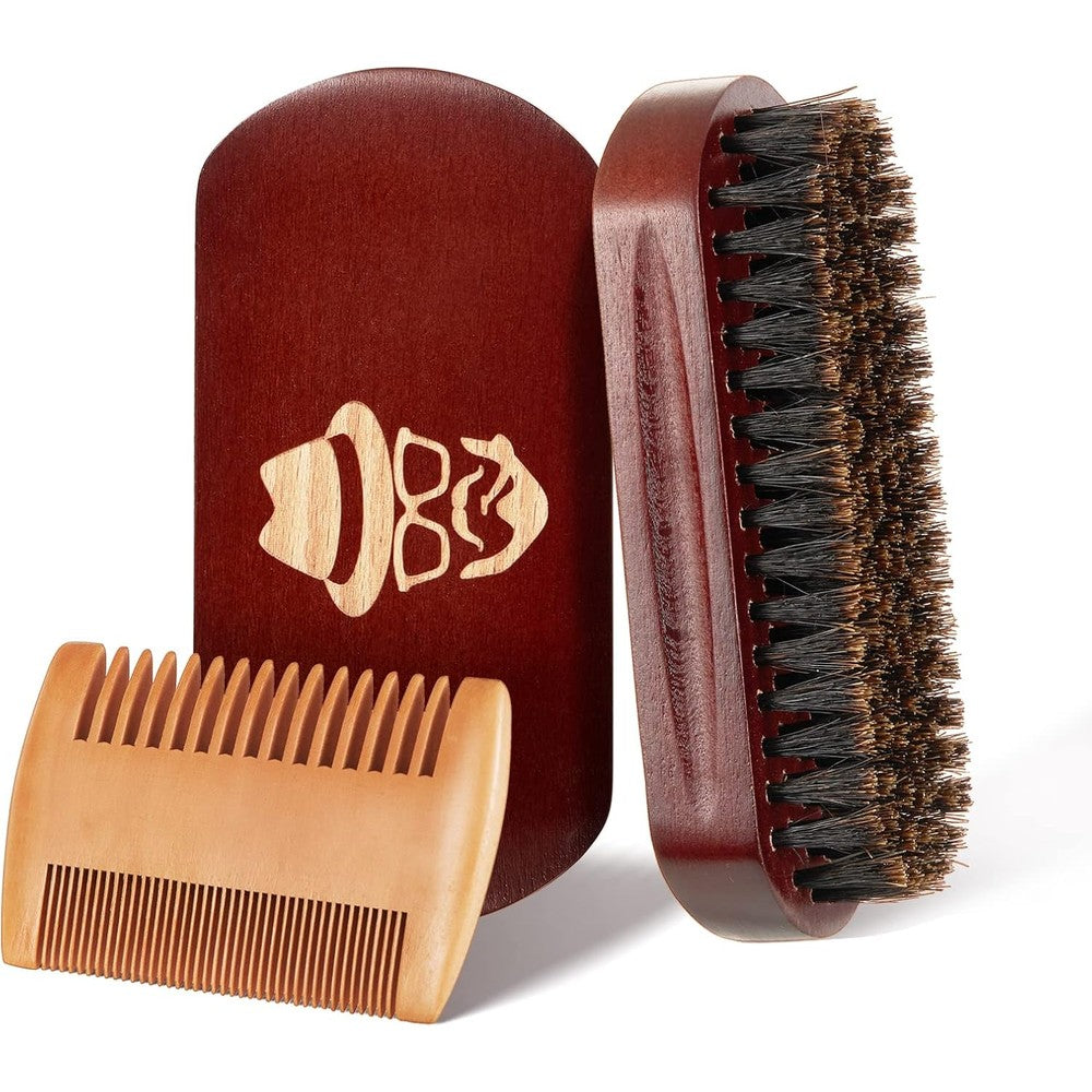 Sosoon boar bristle beard brush and walnut wood comb set front view facial hair grooming