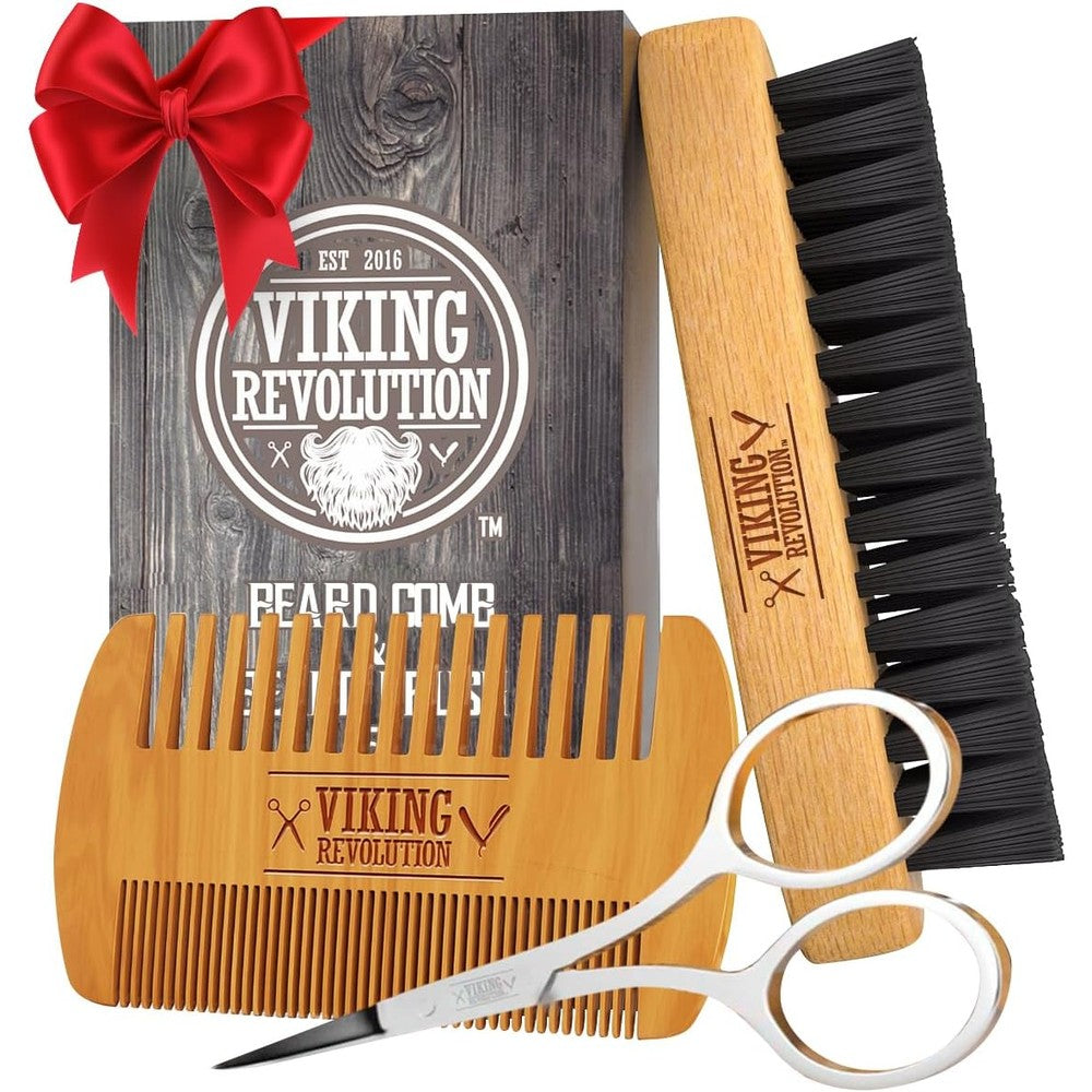 Viking Revolution beard comb and brush set front view showing premium grooming tools