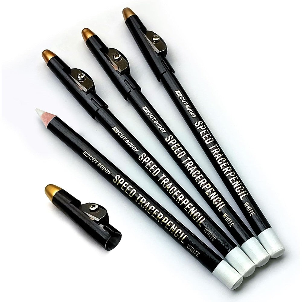 The Cut Buddy White Speed Tracer Barber Pencil 4-Pack with Sharpener