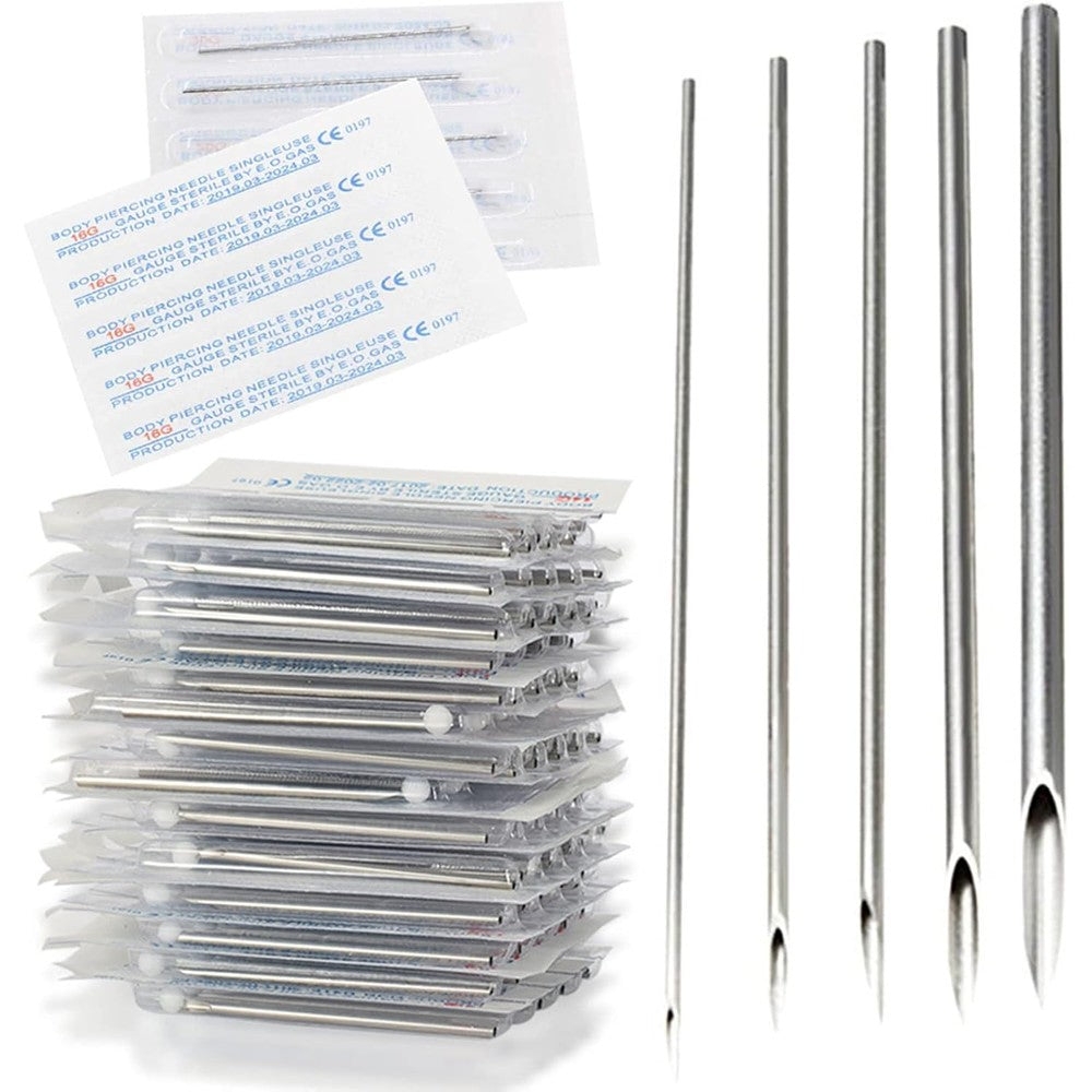 Prgislew body piercing needles front view showing fifty count mixed gauge sizes box packaging
