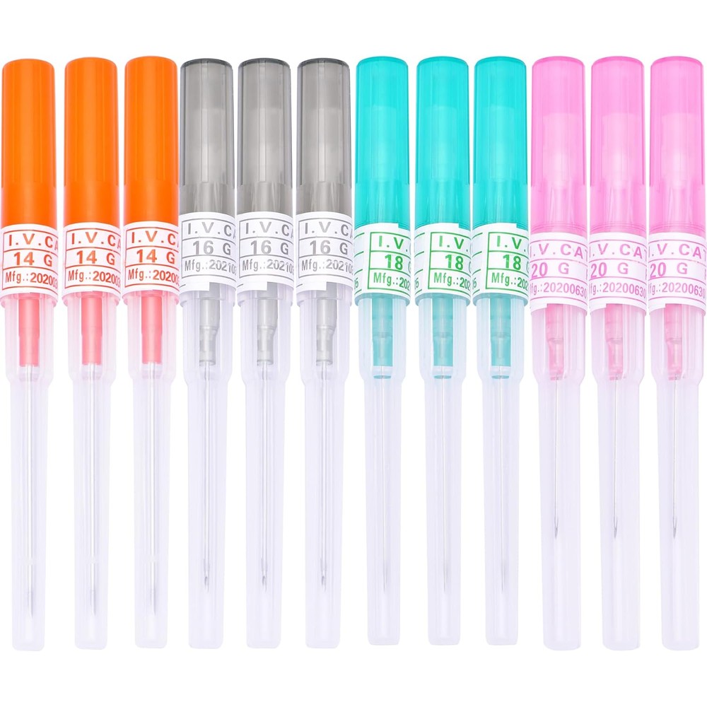 Autdor DJCIW catheter piercing needles 12 pieces kit front view featuring color coded hubs