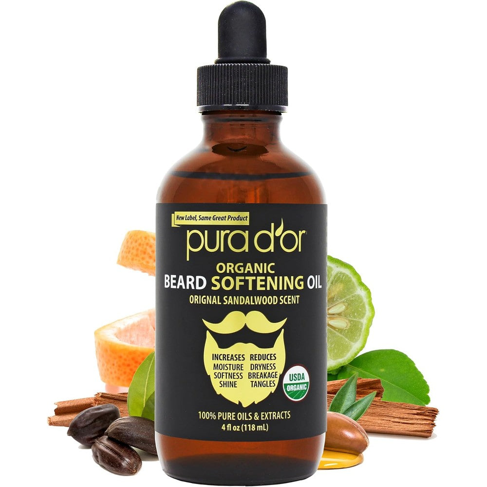 PURA D'OR Organic Beard Softening Oil front view showing the 4 Ounce bottle packaging