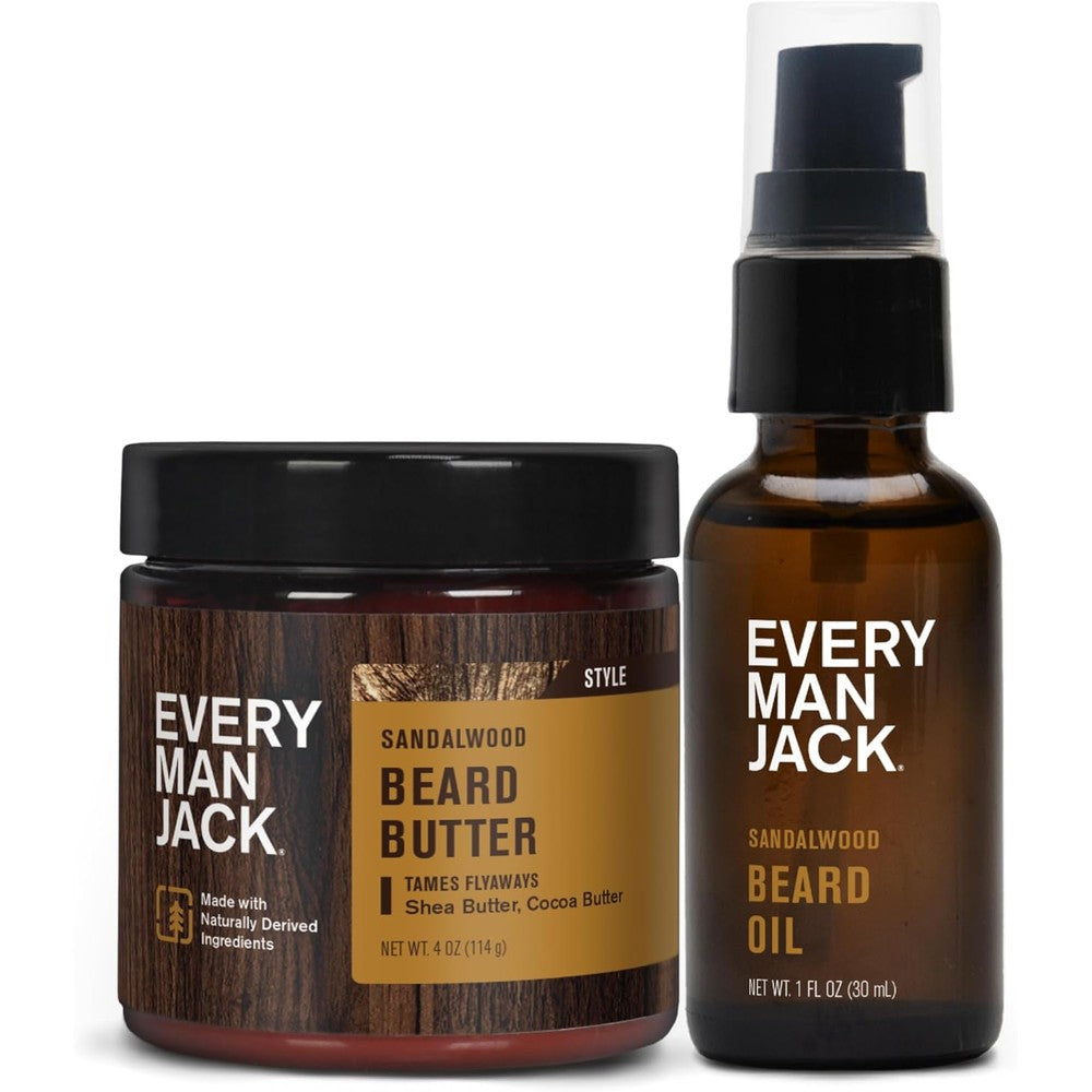 Every Man Jack Sandalwood Beard Oil and Butter Bundle front view showcasing premium packaging.