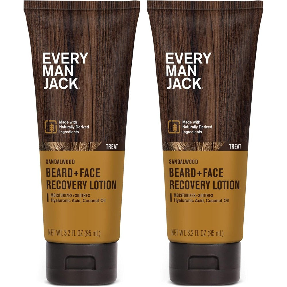 Every Man Jack Sandalwood Beard And Face Recovery Lotion front view showing the dual-action premium men's moisturizer.