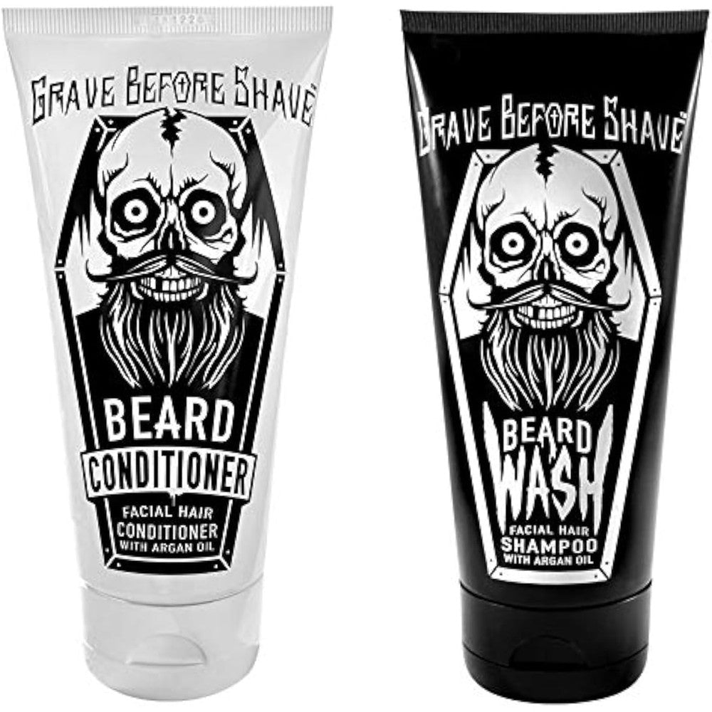 Grave Before Shave Beard Wash and Conditioner Pack front view showing tubes with classic coffin graphic