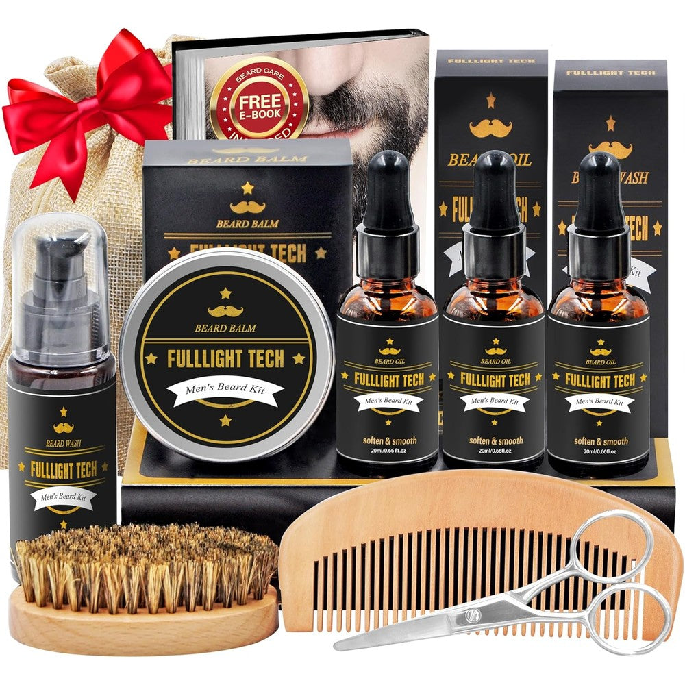 Fulllight Tech Complete Beard Grooming Kit front view showcasing oils wash balm and wooden tools