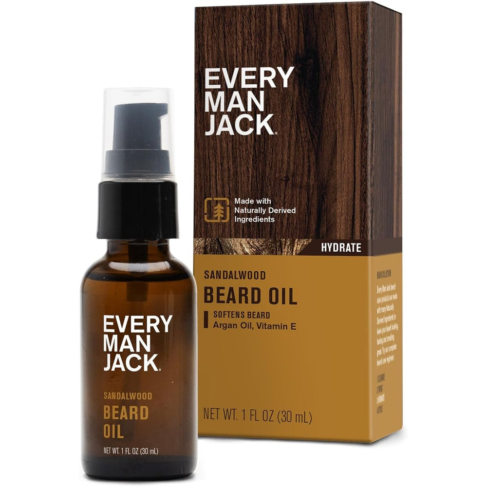 Every Man Jack Sandalwood Beard Oil 1 Fluid Ounce bottle front view for premium men grooming.
