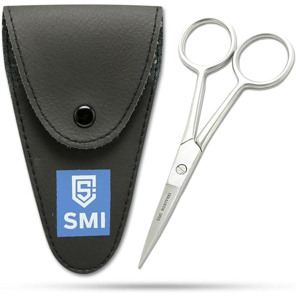SMI stainless steel beard scissors front view showing sharp blades and travel case