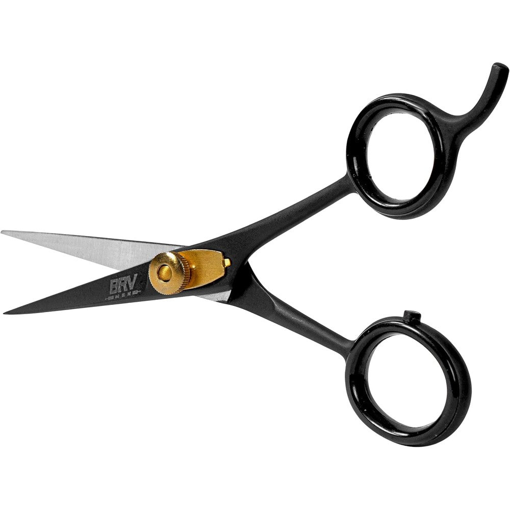 BRV MEN German Steel Beard and Mustache Scissors front view showcasing the black titanium finish.