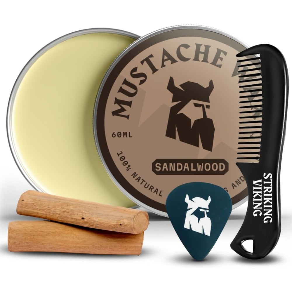 Striking Viking mustache wax 2 ounce tin with sandalwood scent front view