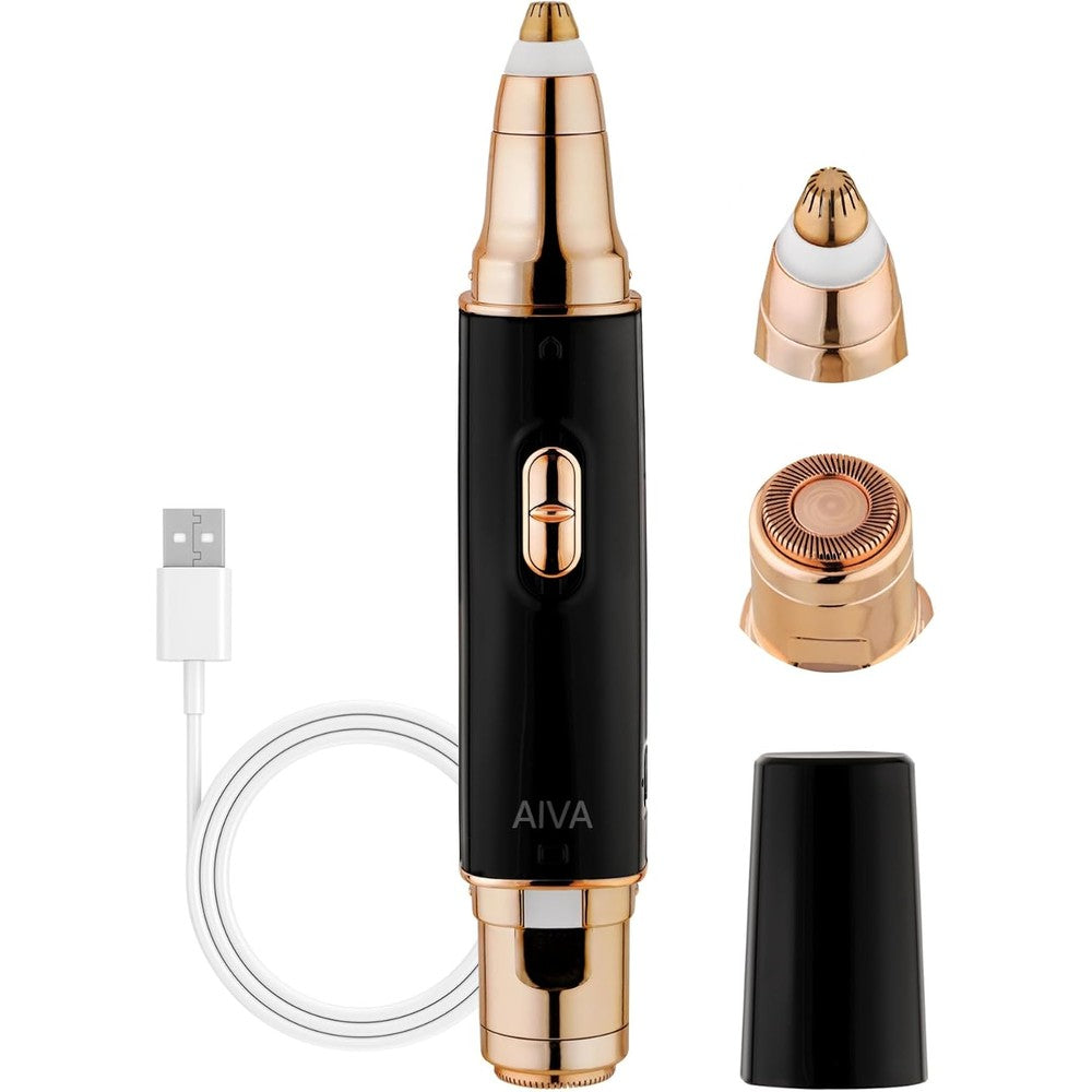 SPA SCIENCES - AIVA Deluxe – Patented Dual 2-in-1/Double Sided Facial Hair Remover & Eyebrow Trimmer USB Rechargeable with Built-in LED Lights & 2 Extra Replacement Heads