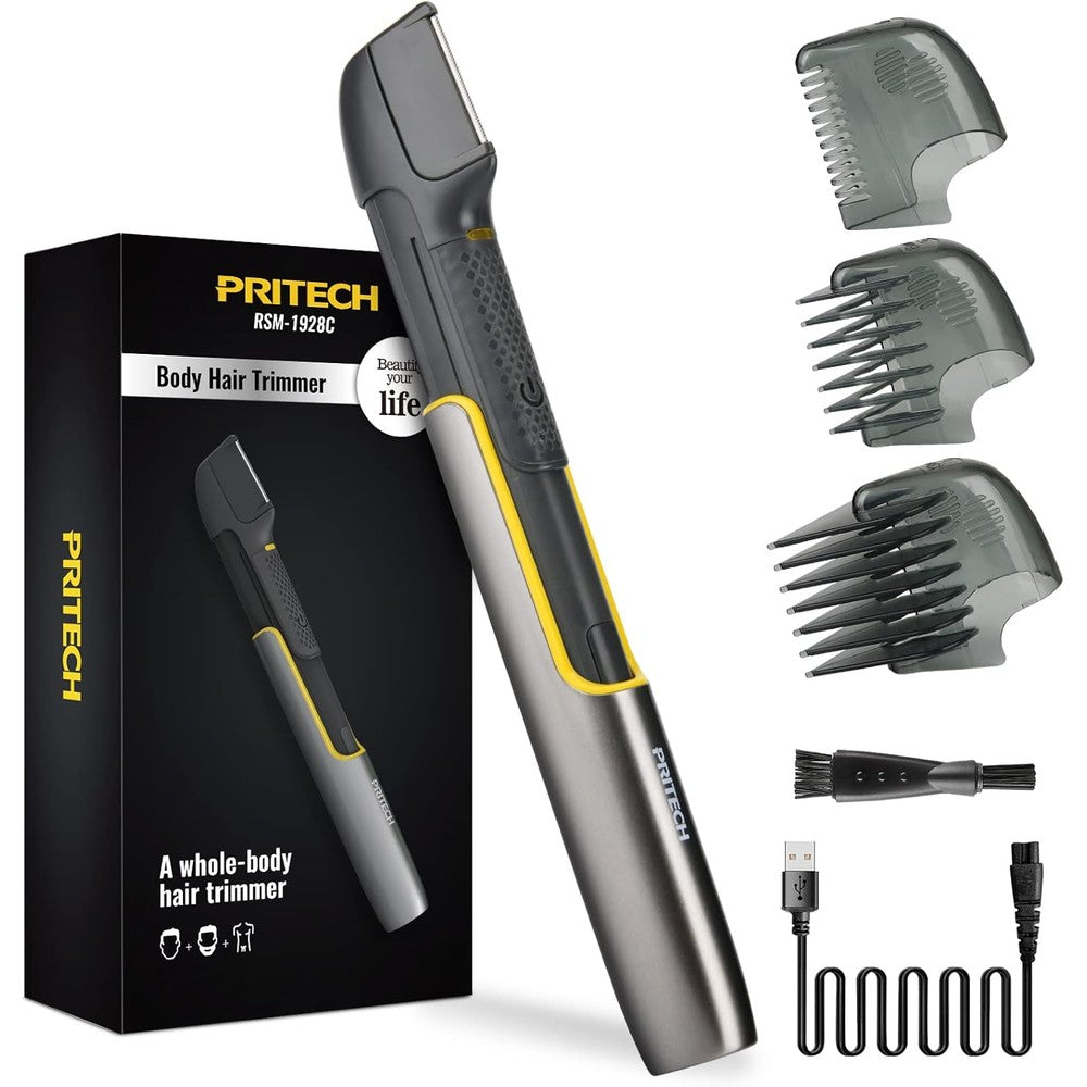 Pritech body hair trimmer front view showing ergonomic design