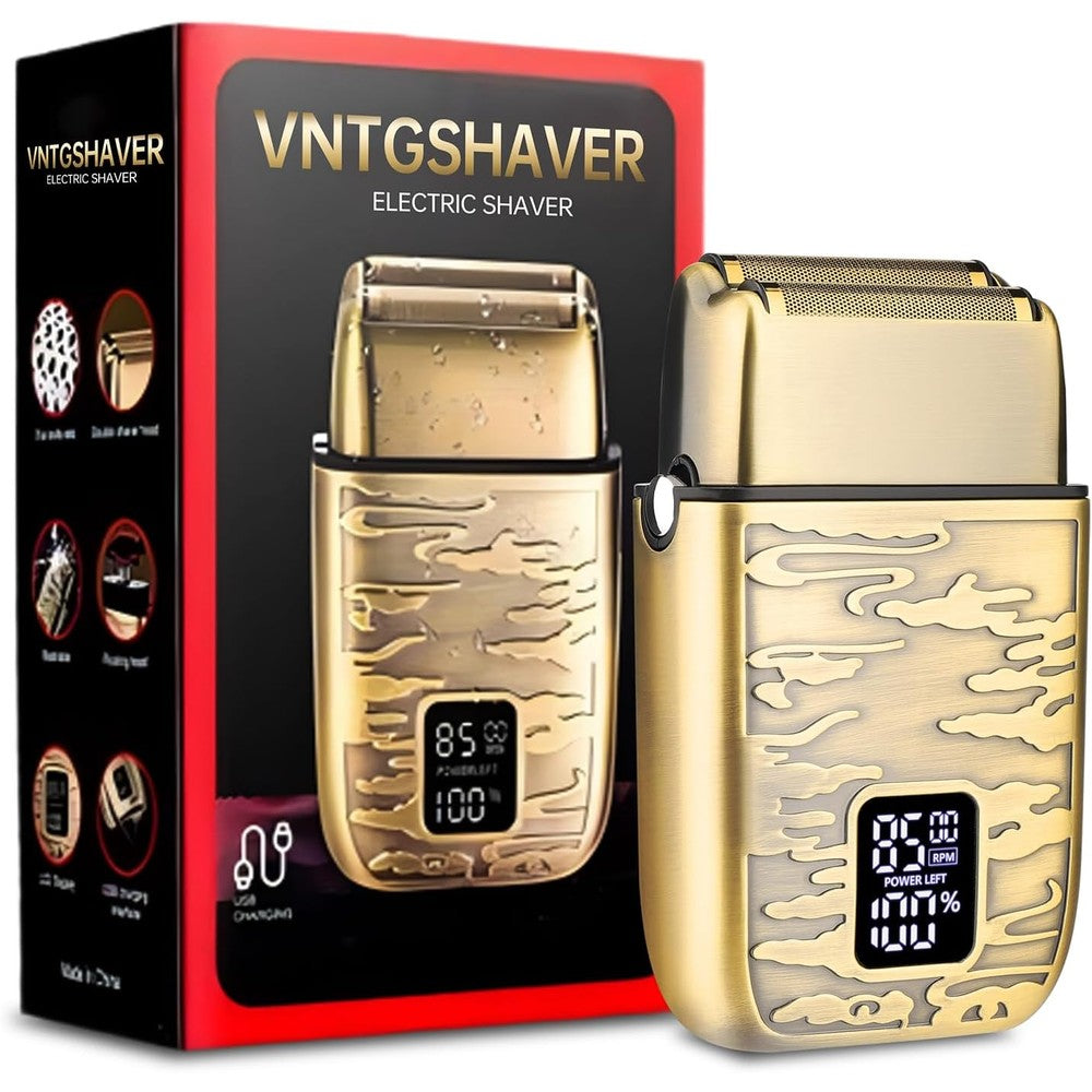 VNTGSHAVER mens foil shaver in bright bronze front view showing digital LED power display screen