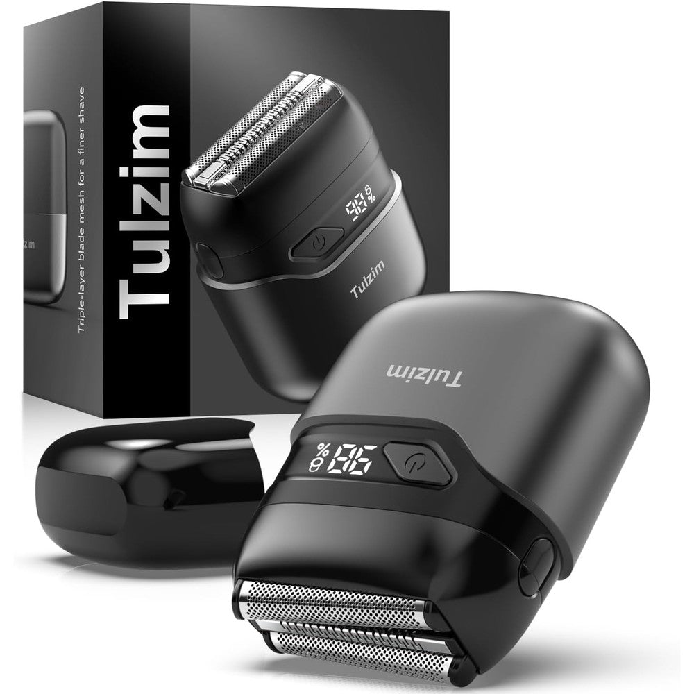 Tulzim electric foil shaver for men charcoal black front view showing premium LED battery display