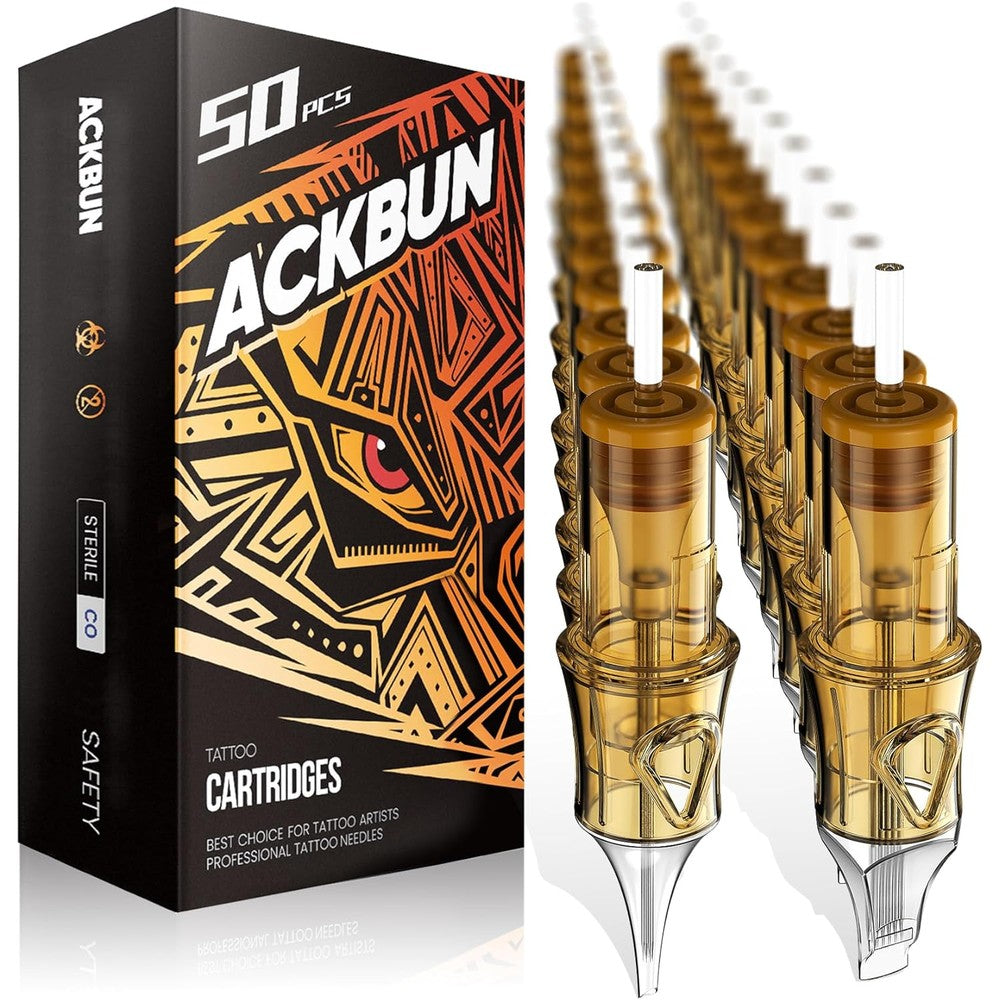 Ackbun 50 piece assorted tattoo needle cartridges box front view