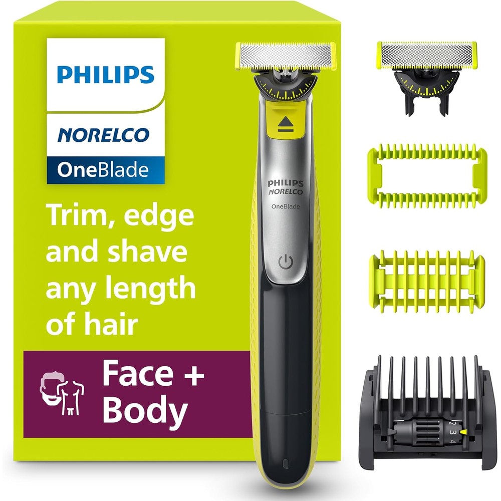 Philips Norelco OneBlade 360 Face and Body trimmer front view in black and lime green