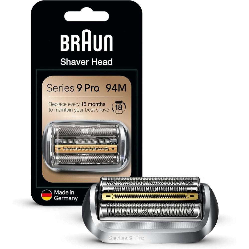 Braun 94M silver replacement shaver head front view showing the five synchronized cutting elements.