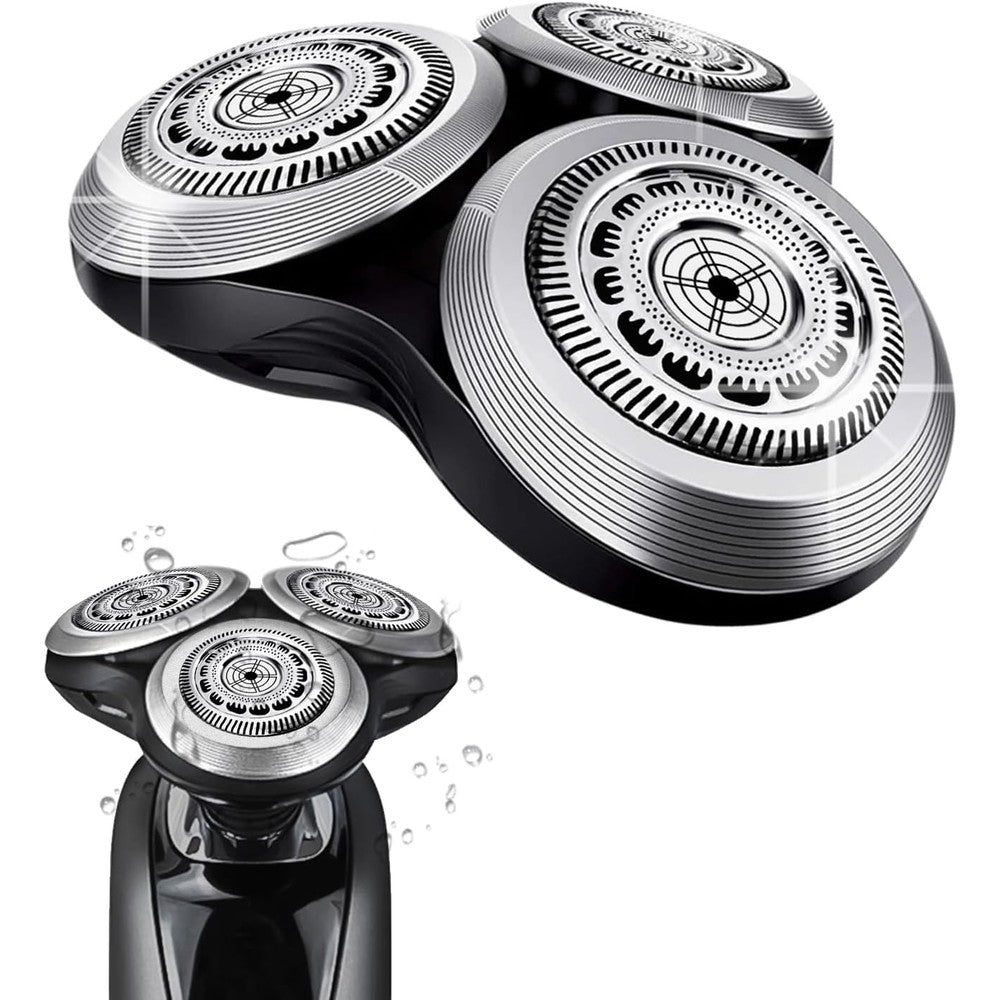 Durimi SH90 replacement rotary heads front view showing premium silver dual-layer blades for mens grooming.
