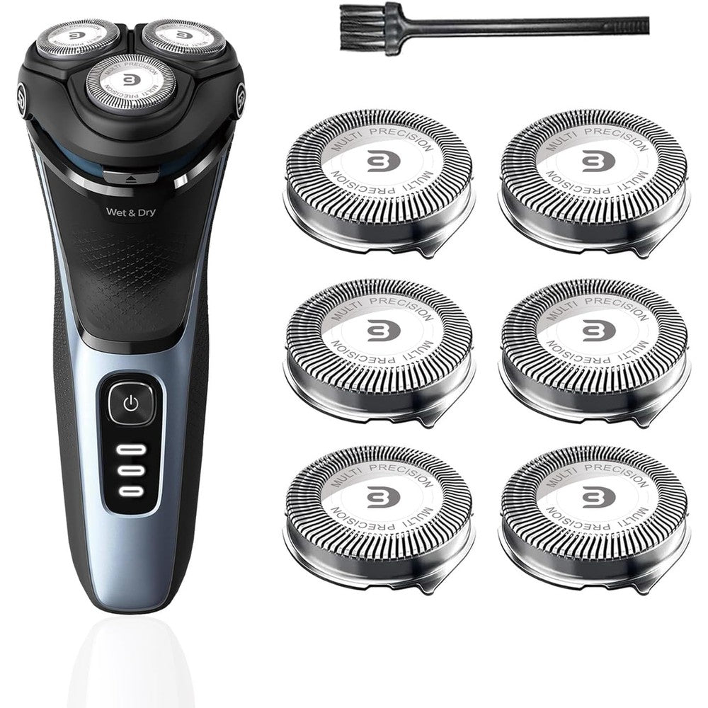 Tuokiy SH30 replacement heads front view showing three stainless steel rotary blades for electric shavers.
