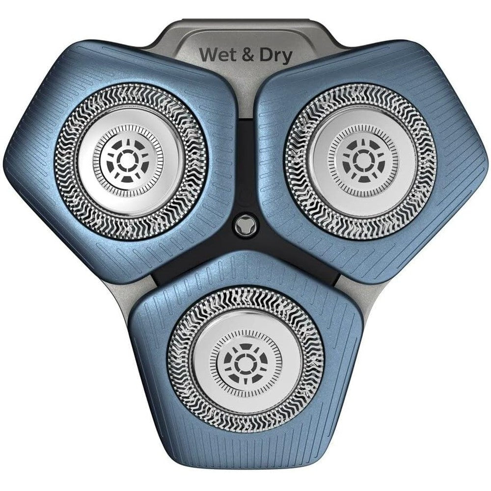 Philips SH71/50 replacement shaving heads front view showing three blue circular steel precision blades.