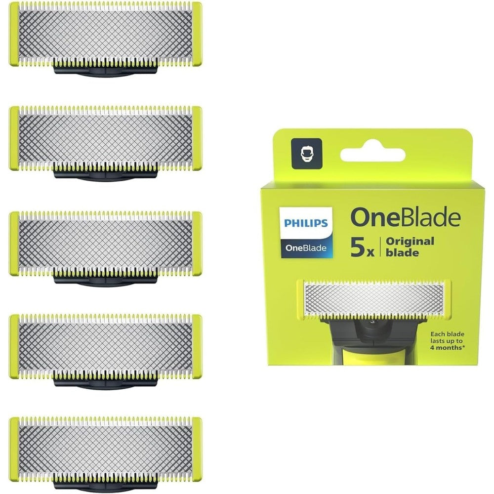 Philips OneBlade five pack stainless steel replacement blades front view premium grooming accessory
