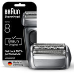 Braun Series 8 83M electric shaver head replacement cassette front view showcasing premium silver finish