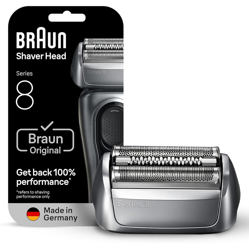 Braun Series 8 83M electric shaver head replacement cassette front view showcasing premium silver finish