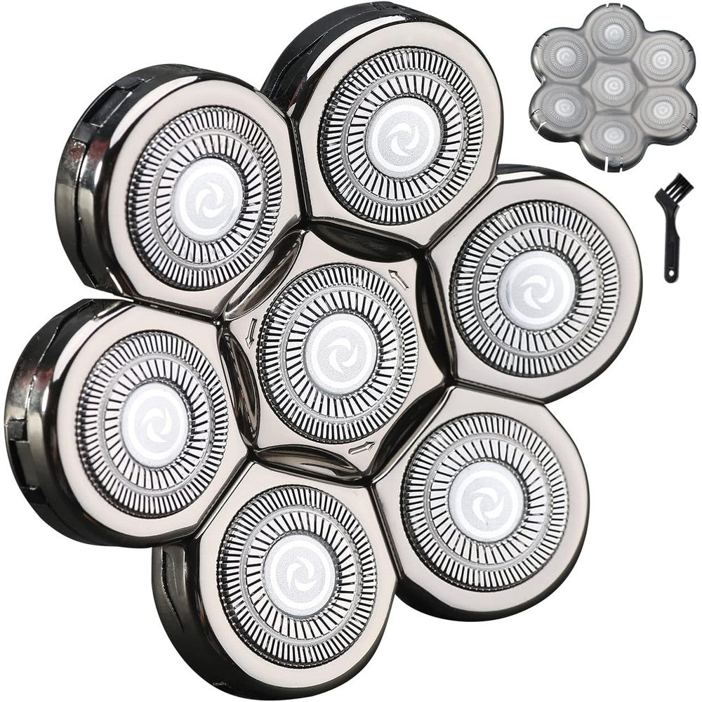 HONTEC 7D shaver replacement heads front view showcasing seven silver rotary blades for universal electric razors.