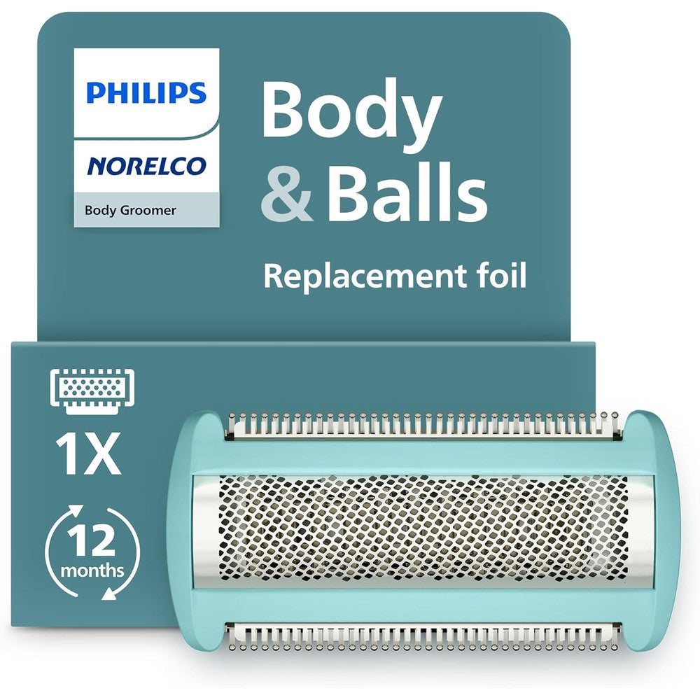 Norelco Philips body groomer replacement shaving foil head front view showing the light blue housing and diamond hole pattern.