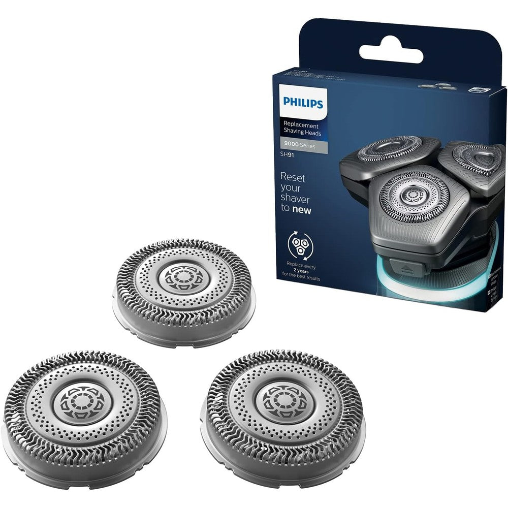 Philips replacement shaver head series 9000 front view showcasing the triple circular cutting blades