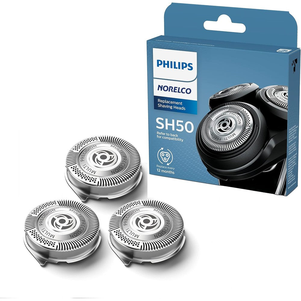 Philips Norelco replacement head for series 5000 shavers front view showcasing three silver rotary blades.