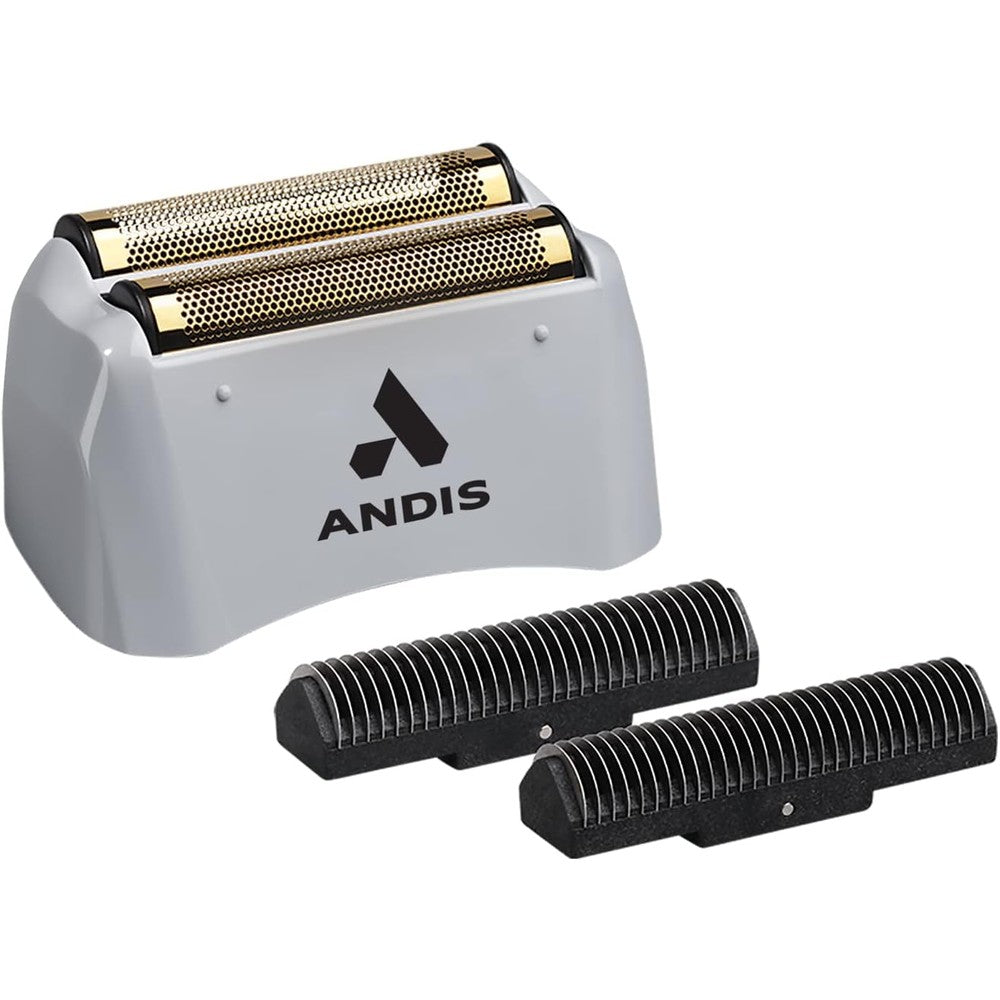 Andis ProFoil Lithium Shaver Replacement Foil and Cutters front view showcasing the gray housing and titanium foil mesh