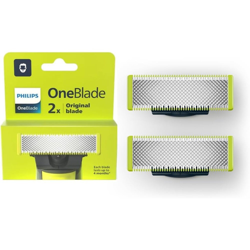 Philips OneBlade Replacement Blade Pack Of Two QP220 50 front view showing authentic lime green hybrid trimmer refills.