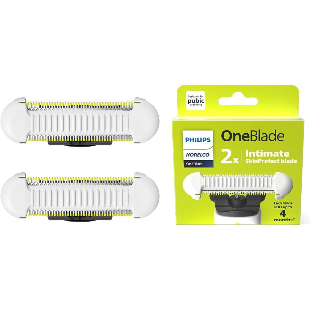 Philips Norelco OneBlade Skin Protect Replacement Blade 2 pack retail box front view showcasing intimate area safety design.